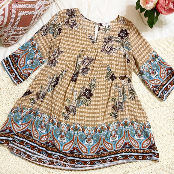 Umgee Dresses & Skirts - Umgee Brown Orange Turquoise Boho Mini Dress